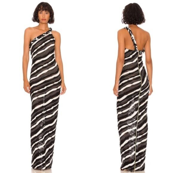 Bronx and Banco x REVOLVE Itza One Shoulder Dress S Black Striped Sheer Braided - Picture 1 of 12
